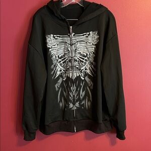 Women’s Black Zip Up Hoodie with Silver Skeleton Design